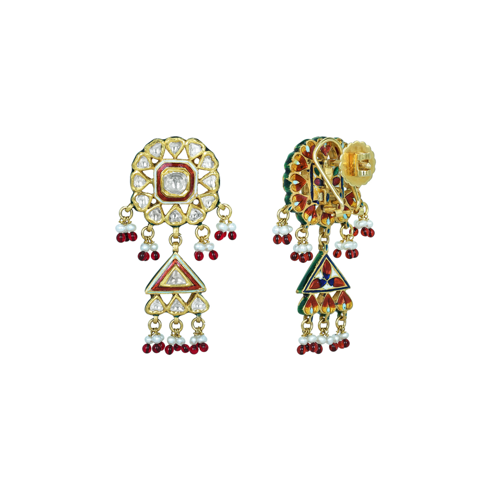 Circular Polki Earrings with Red Enamel, Triangular Drops, and Pearls